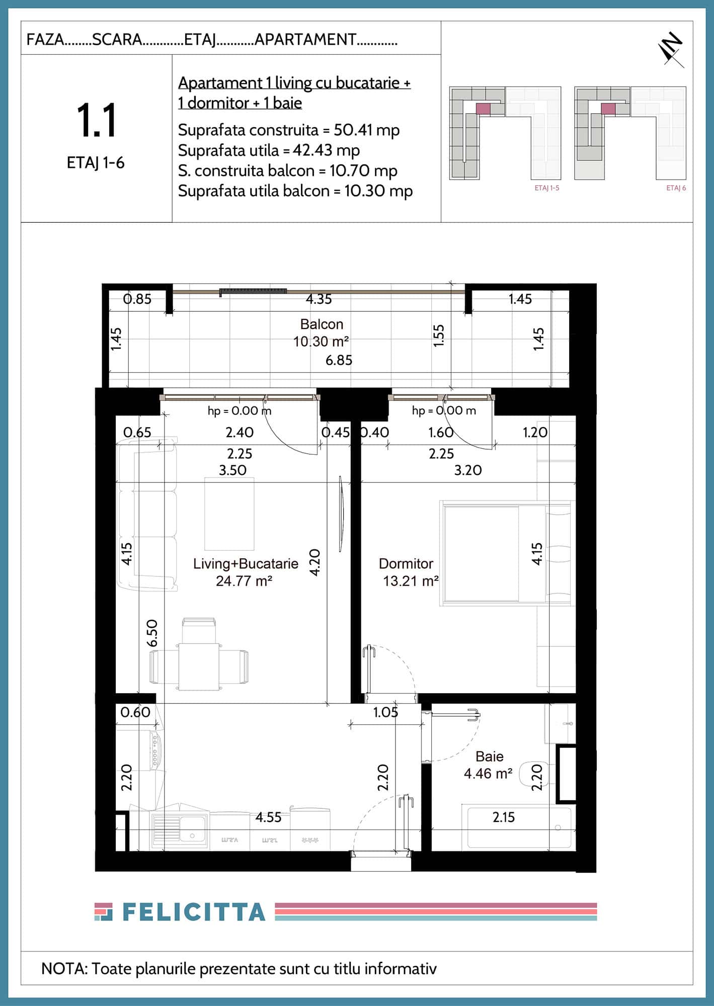 1.1-Apartament 1 living cu bucatarie + 1 dormitor + 1 baie-