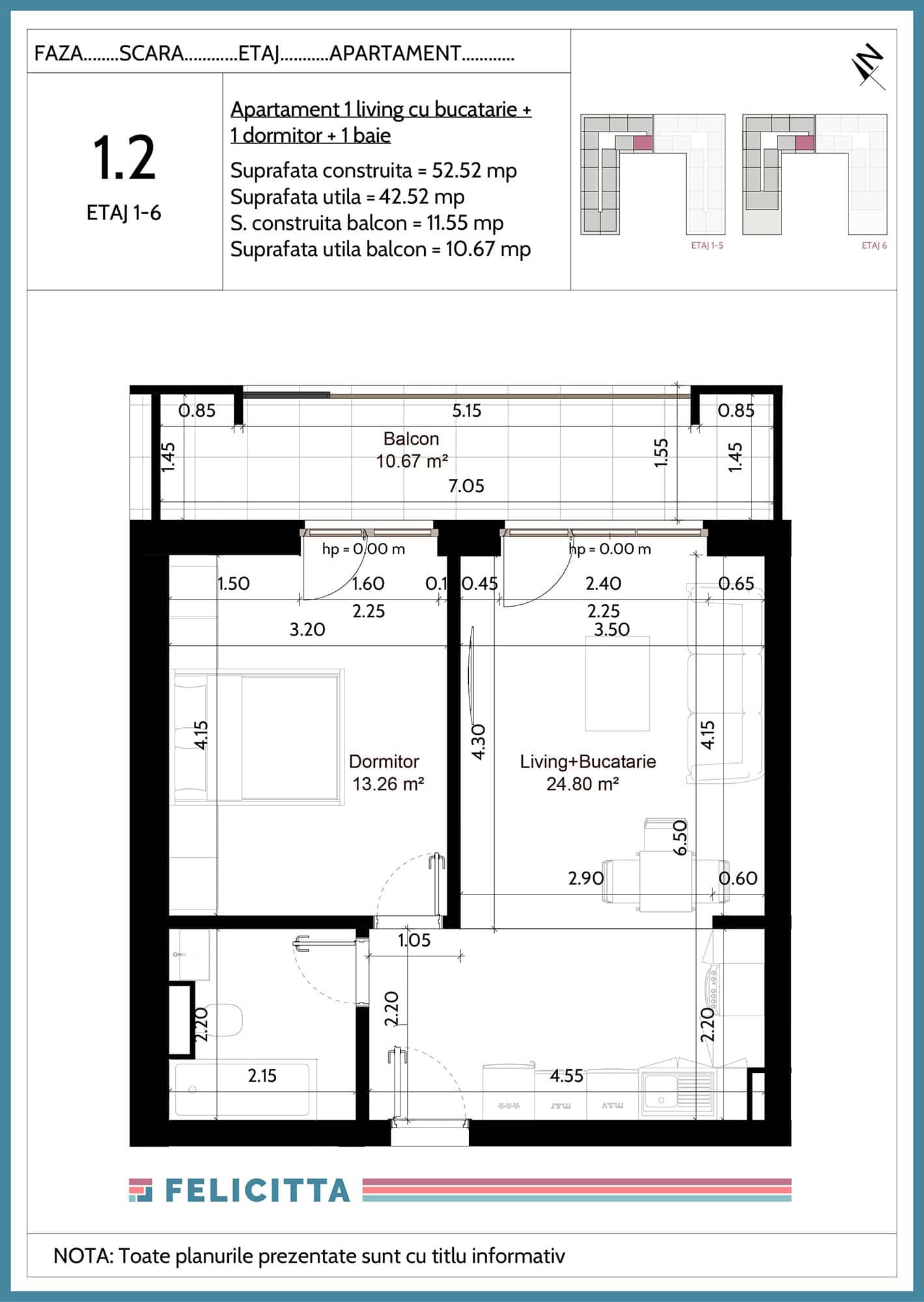 1.2-Apartament 1 living cu bucatarie + 1 dormitor + 1 baie-