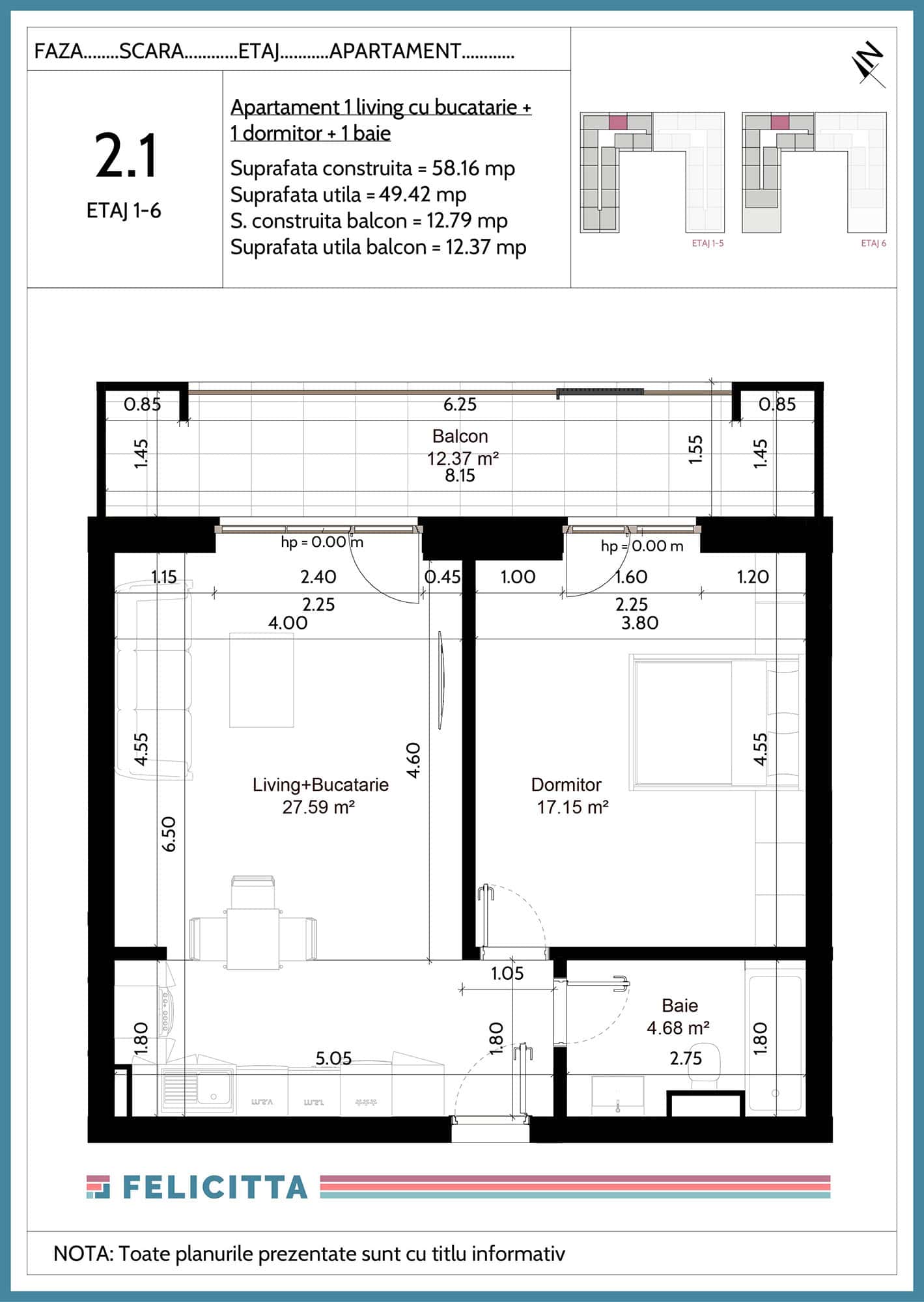 2.1-Apartament 1 living cu bucatarie + 1 dormitor + 1 baie-
