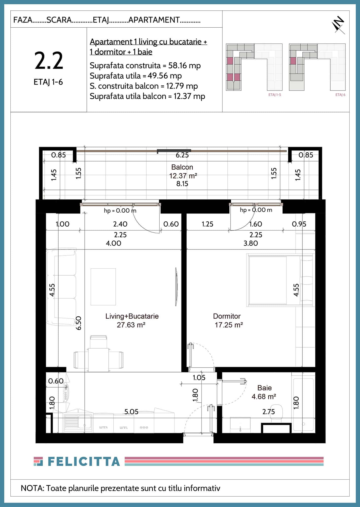 2.2-Apartament 1 living cu bucatarie + 1 dormitor + 1 baie-