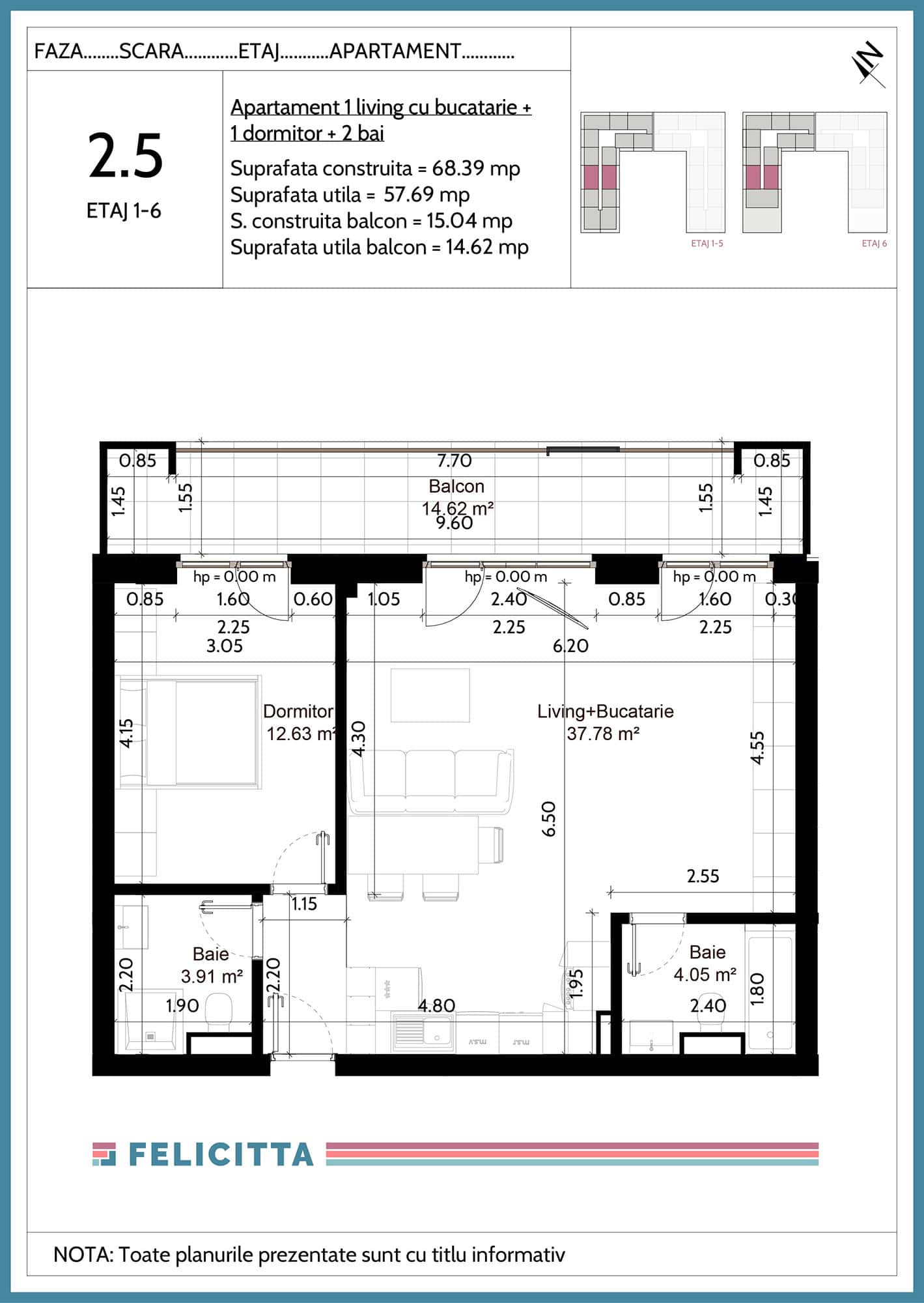 2.5-Apartament 1 living cu bucatarie + 1 dormitor + 2 bai-
