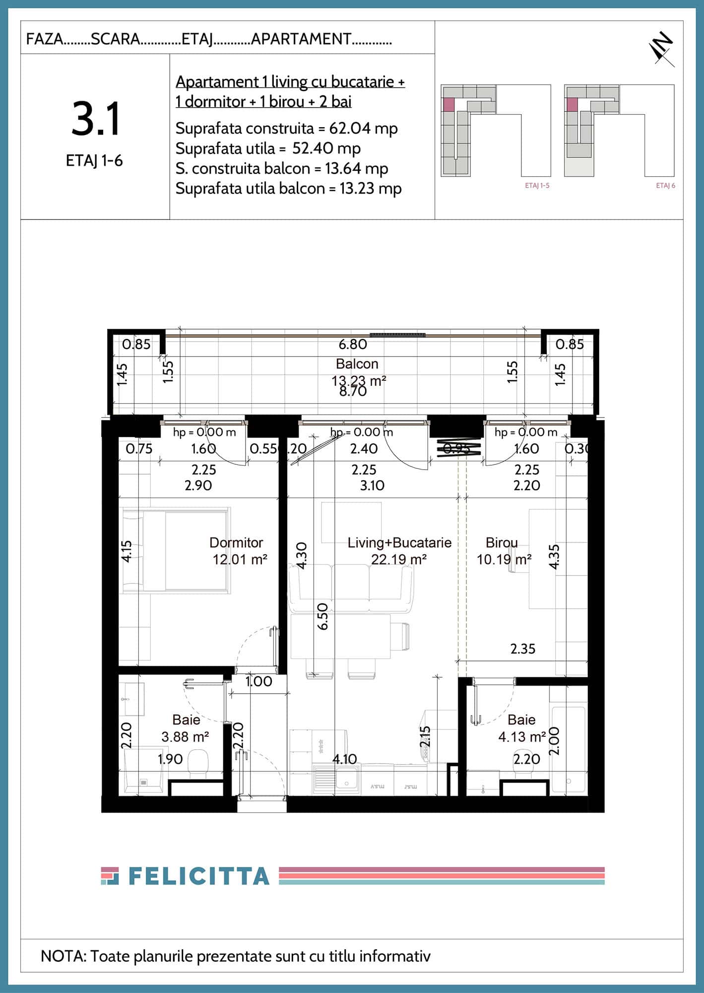 3.1-Apartament 1 living cu bucatarie + 1 dormitor + 1 birou + 2 bai-