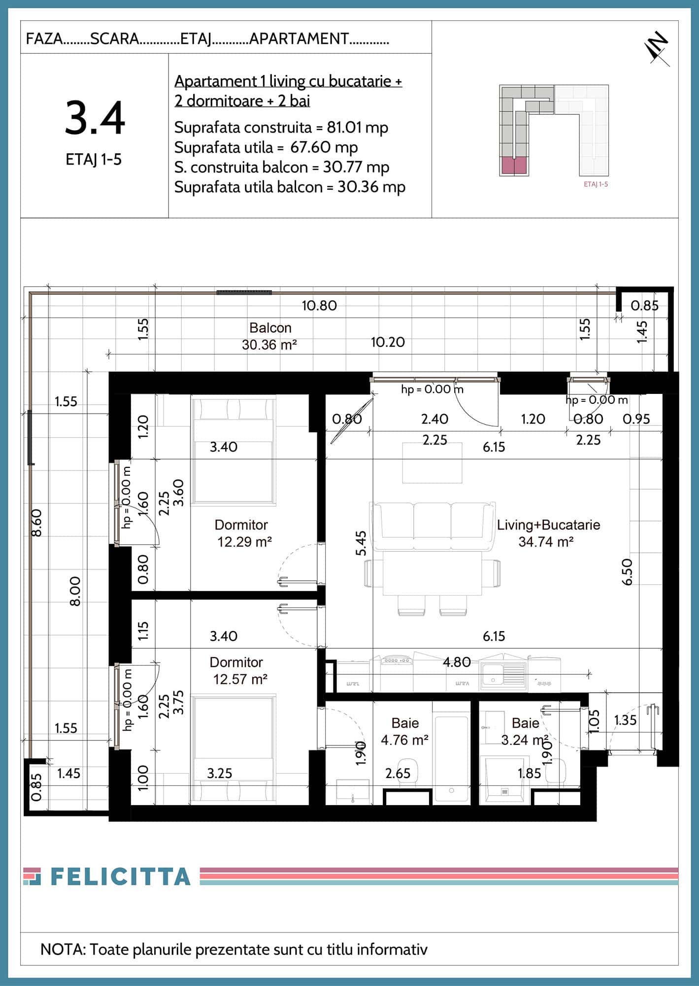 3.4-Apartament 1 living cu bucatarie + 2 dormitoare + 2 bai-