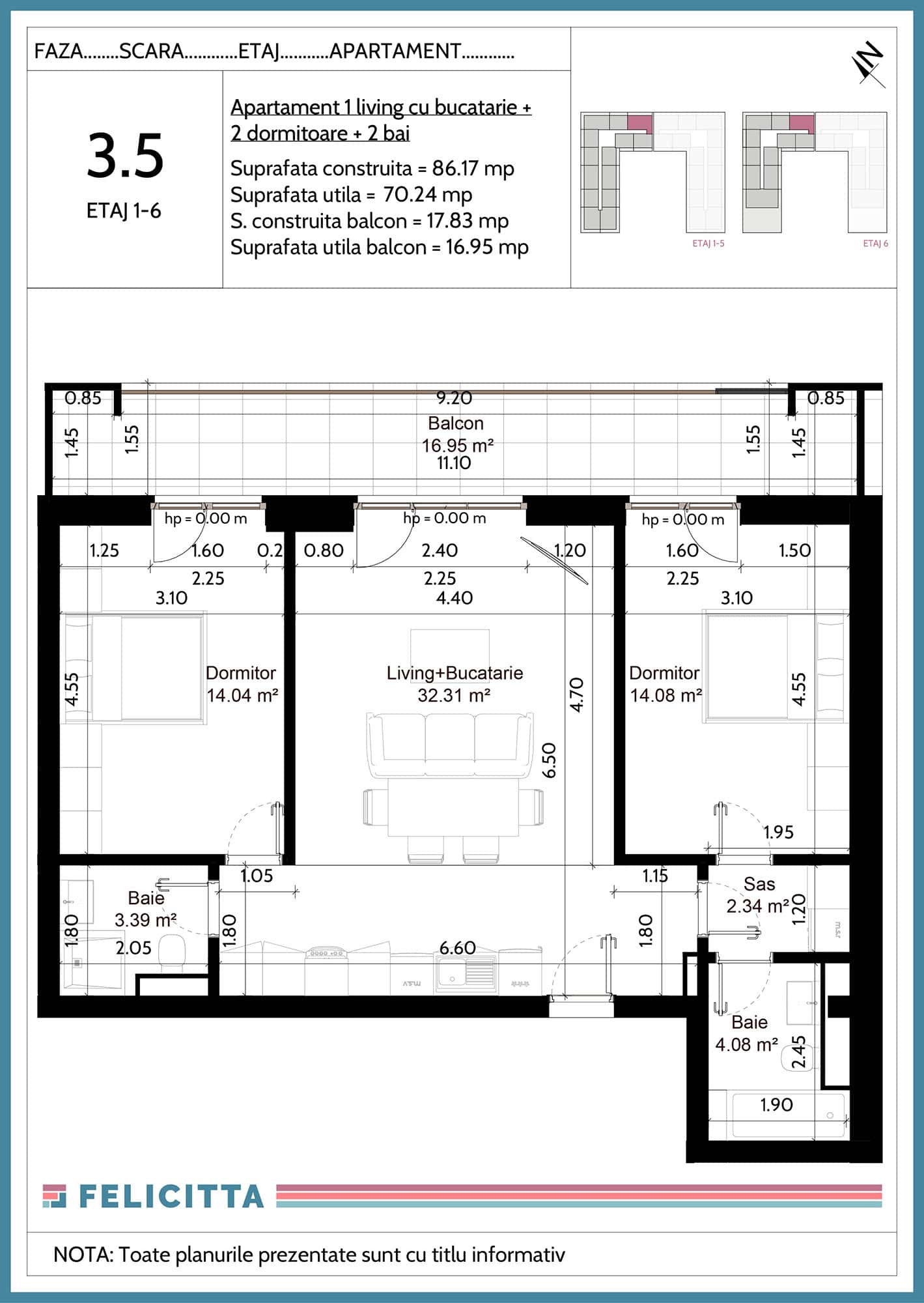 3.5-Apartament 1 living cu bucatarie + 2 dormitoare + 2 bai-