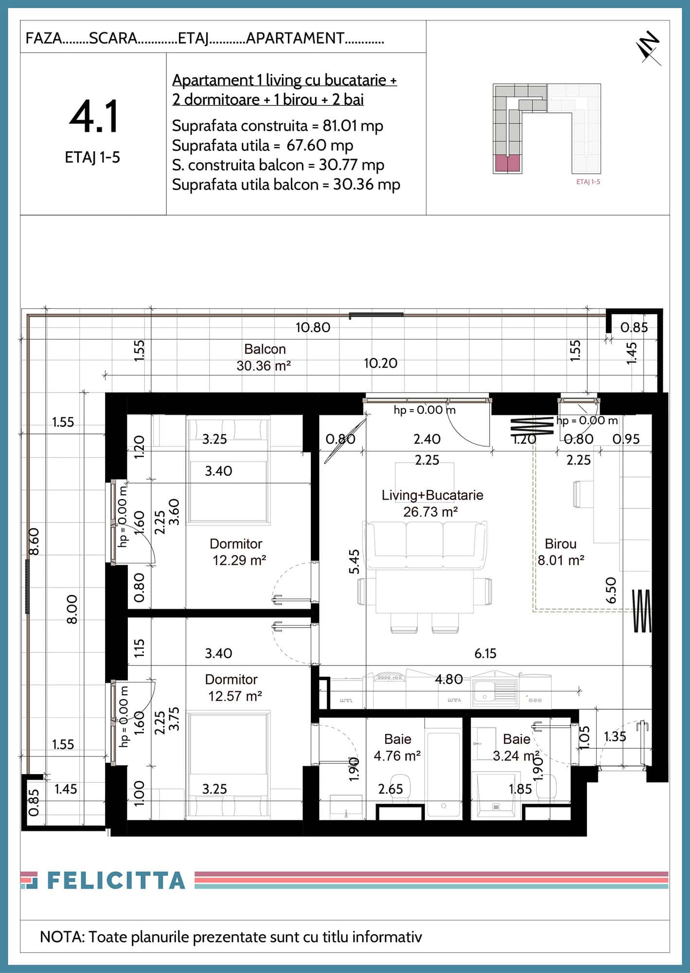4.1-Apartament 1 living cu bucatarie + 2 dormitoare + 1 birou + 2 bai-