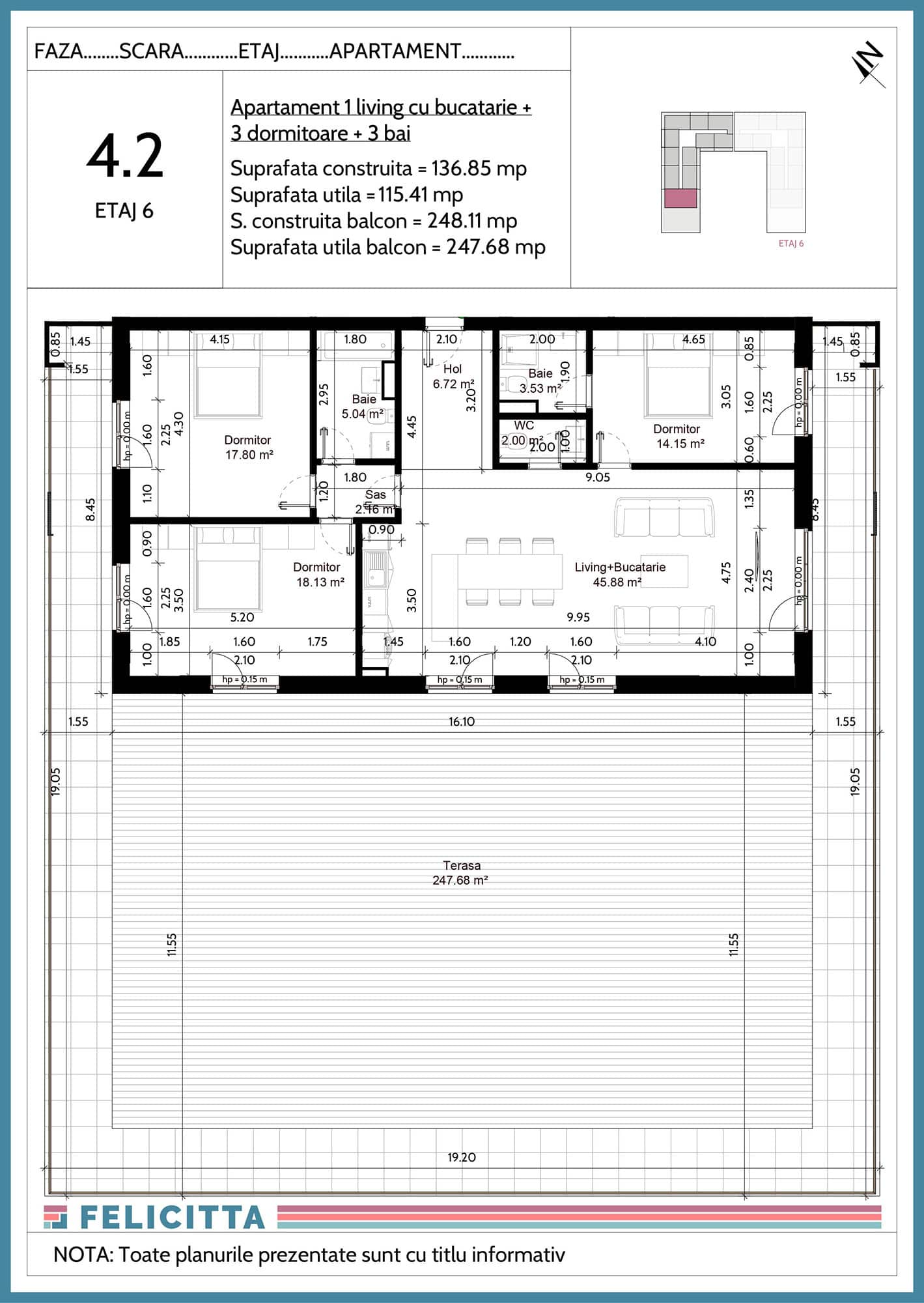 4.2-Apartament 1 living cu bucatarie + 3 dormitoare + 3 bai-