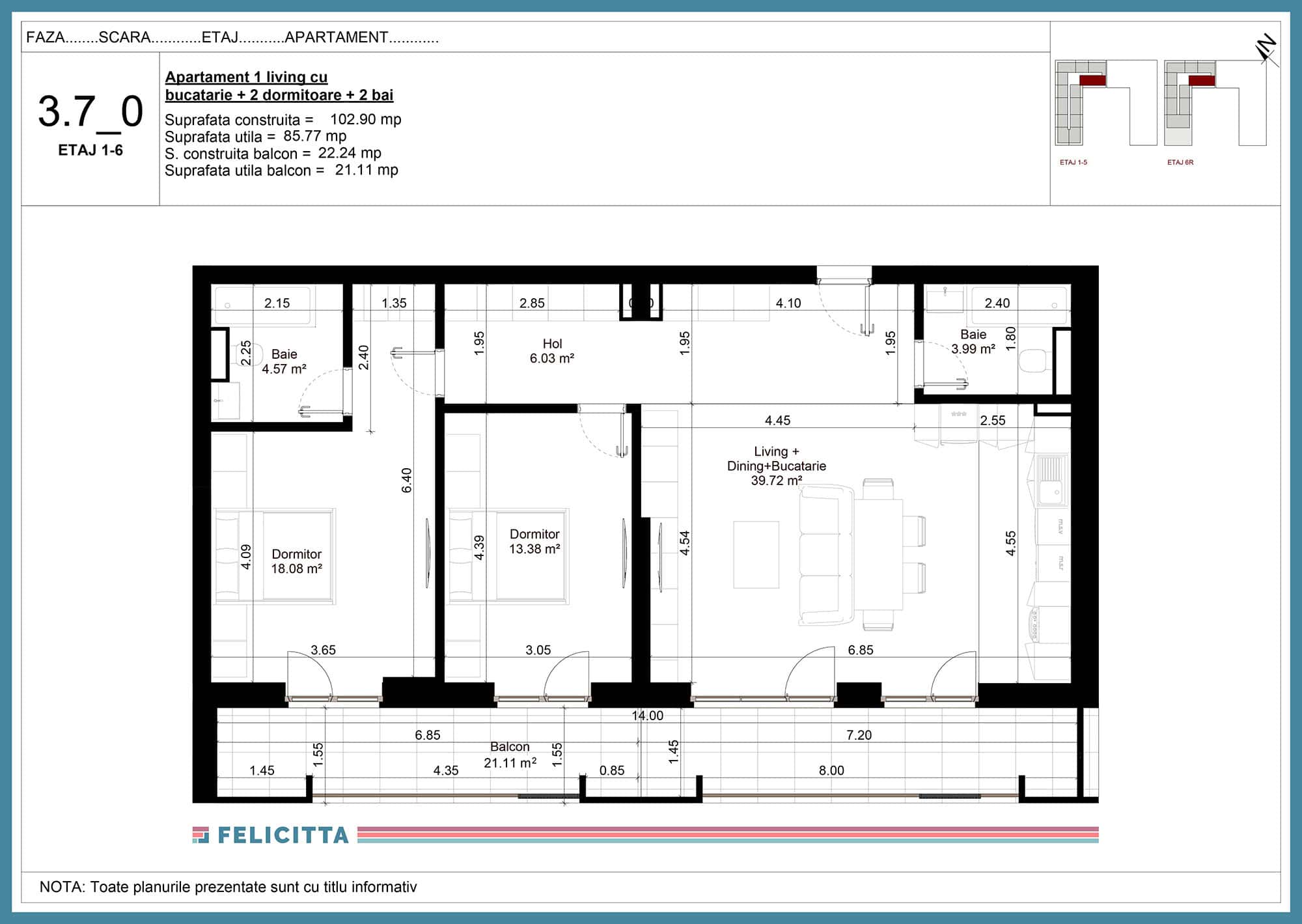 3.7-Apartament 1 living cu bucatarie + 2 dormitoare + 2 bai