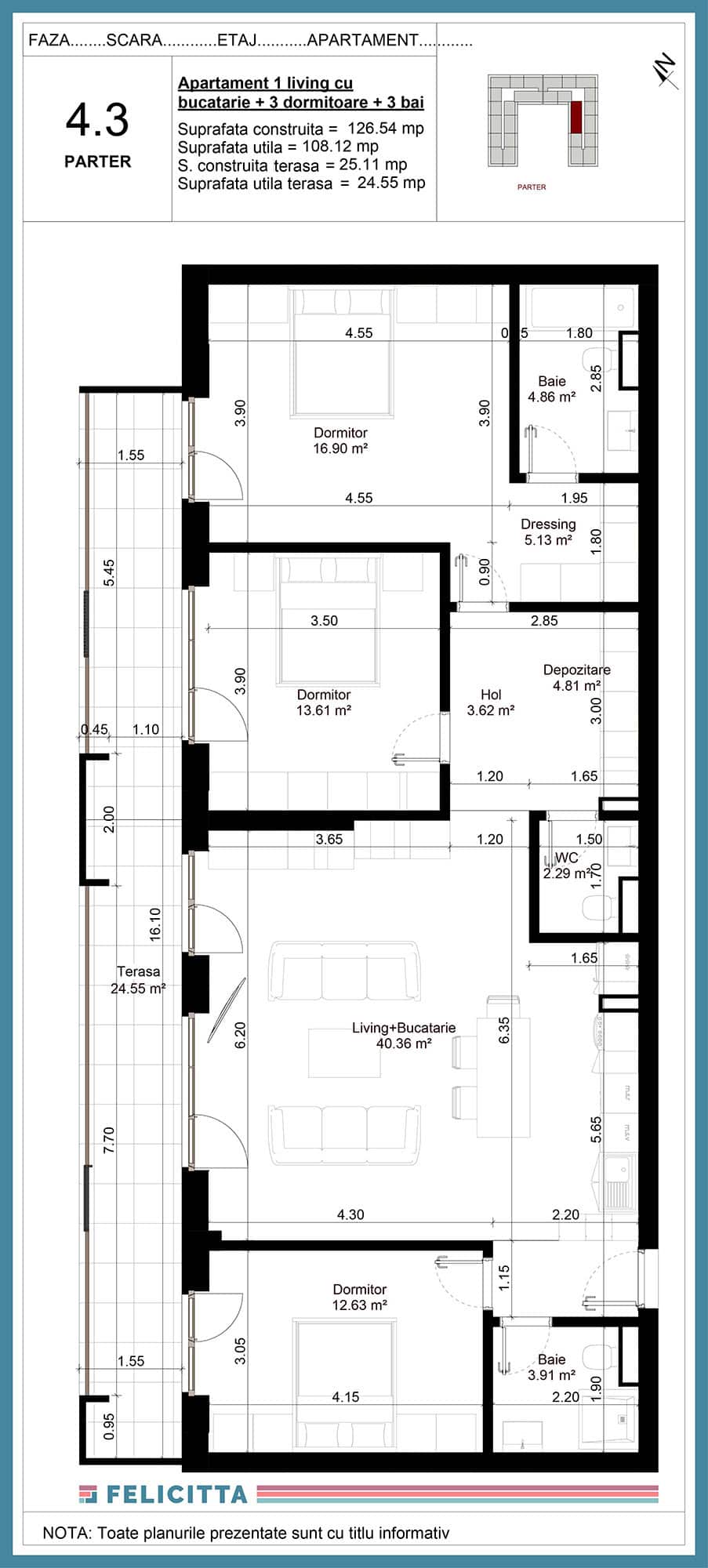 4.3-Apartament 1 living cu bucatarie + 3 dormitoare + 3 bai
